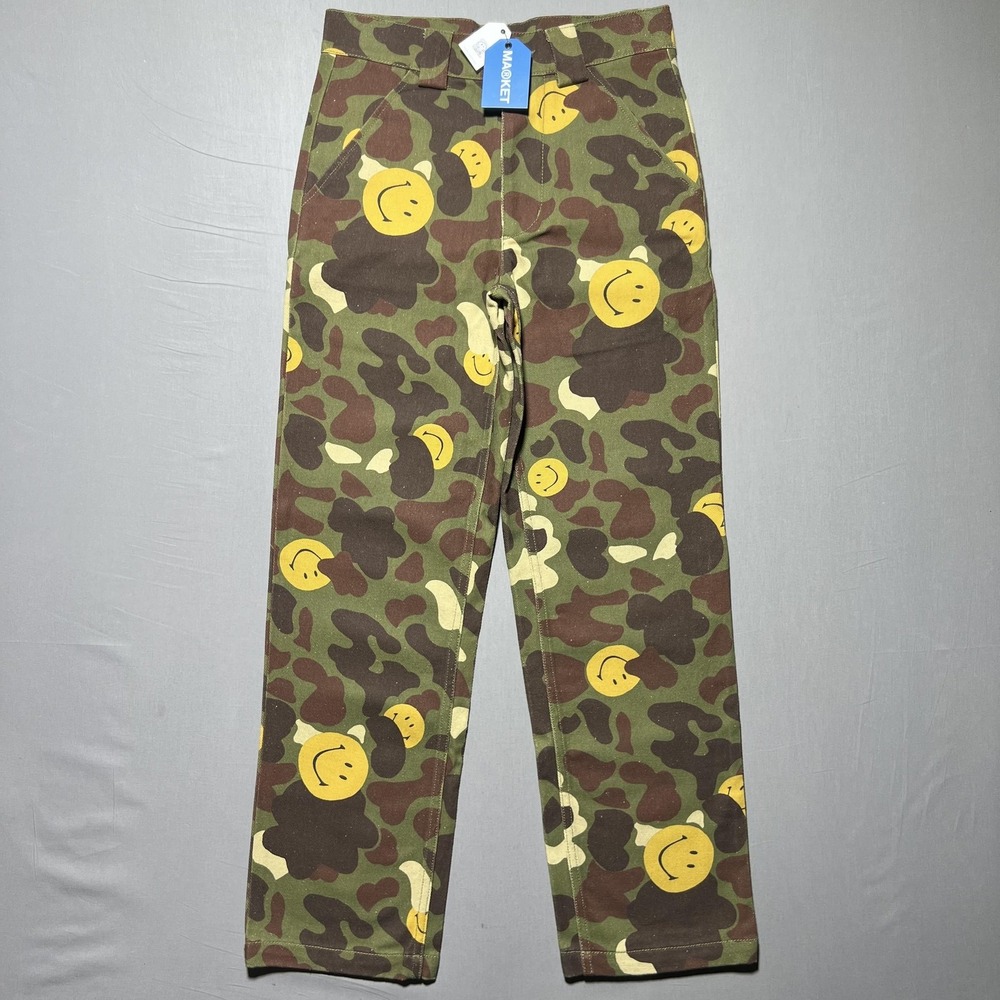 NWT‎ Market Smiley Hiding Camo Work Pants Men's 28 Green Yellow Mid Rise